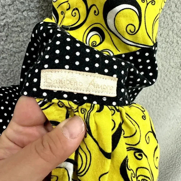 Bambino Amore bib apron yellow blue geometric polka dot pocket tie retro boho - Picture 4 of 5